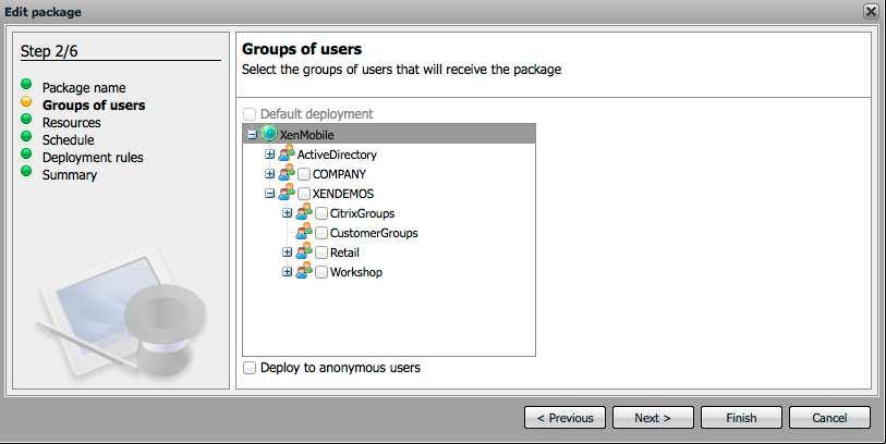 Groups of users select the Active Directory groups that this deployment package and associated resources will be sent to.