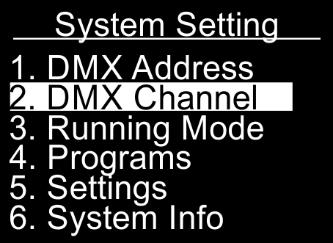 01) In main menu, press the UP/DOWN buttons until the display shows DMX ADDRESS. 02) Press the ENTER button to open the menu. 03) Press the UP/DOWN buttons to select the required address from 001-512.