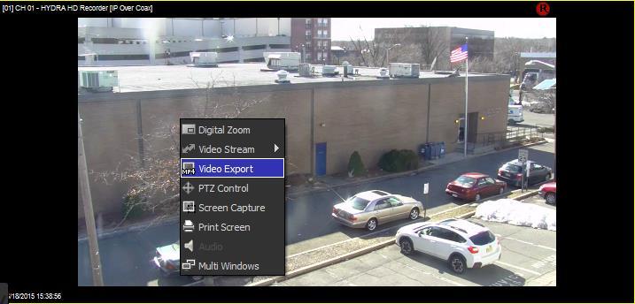 4.3 Video Export This feature allows you to quickly export video in real time from a live view straight to your desktop To export video in real time first select the camera you would like to export