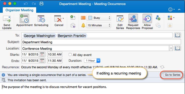 If you open a recurring meeting, you will receive a similar message. You can either update the one meeting occurrence or update the entire series.