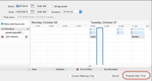 Proposing a New Times You can respond to your meeting requests from your preview pane. When responding, you propose a new time, while accepting tentatively or declining.