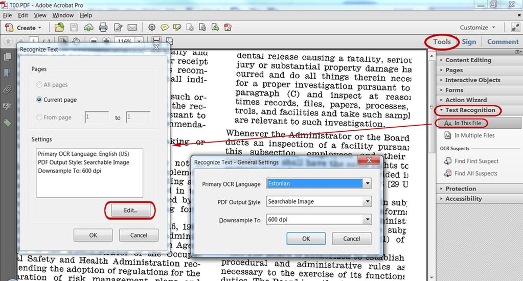 Figure 9. Recognize Text Dialog and Recognize Text Settings For additional information on performing optical character recognition using Adobe Acrobat, refer to the Acrobat XI Pro Help.