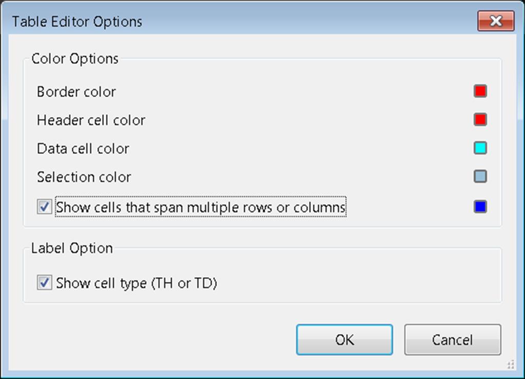 Figure 32. Table Editor Options Selecting Table Cells Select individual cells by clicking within the borders with the mouse. Select multiple table cells by holding down Shift and clicking.