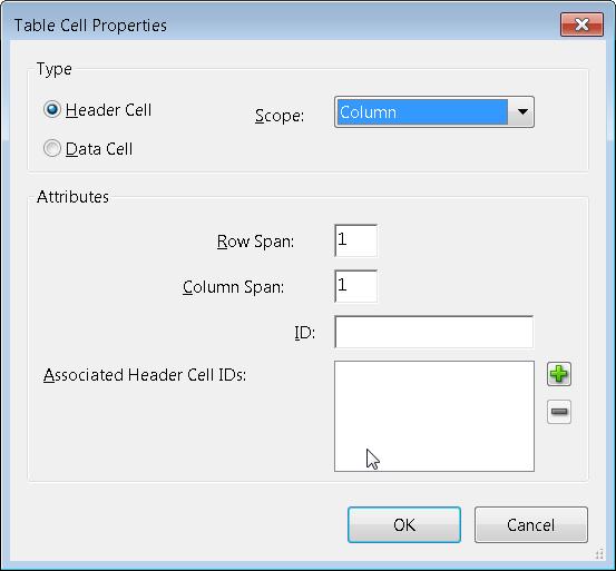 Figure 33. Table Cell Properties To correct complex tagging issues in data tables, it may be necessary to use the Tags panel and the Table Editor in combination.