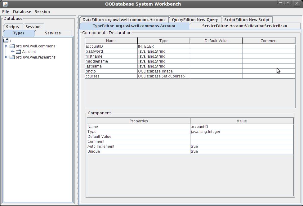 Figure 4: Type Editor for the OO Database it is written by an end user or by the developer.