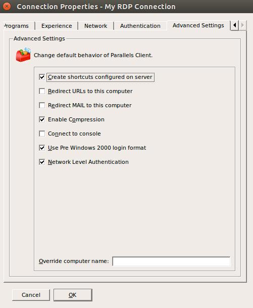 Advanced Settings The Advanced Settings tab page allows you to customize the default behavior or Parallels Client. You can specify the following properties: Create shortcuts configured on server.