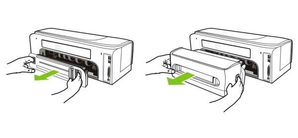 2. Check the rear-access panel or the duplex unit. a. Push the button on either side of the rear-access panel or the duplex unit and remove it. b. Locate any jammed media inside the printer, grasp it with both hands and pull it towards you.