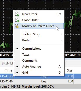 To modify your order, highlight it in the Terminal window, right-click and select Modify or Delete Order, or simply