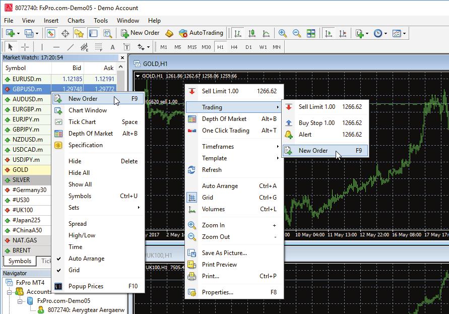 8 Placing a Trade Opening a Position To place a trade on the FxPro MT4 platform, you must first open the Order window, which can be accessed in a variety of ways: Right-click on the instrument you