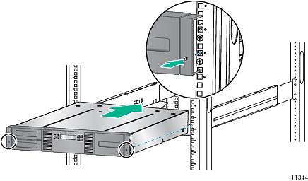b. Extend the rail to the depth of the rack and secure the rail to the ba