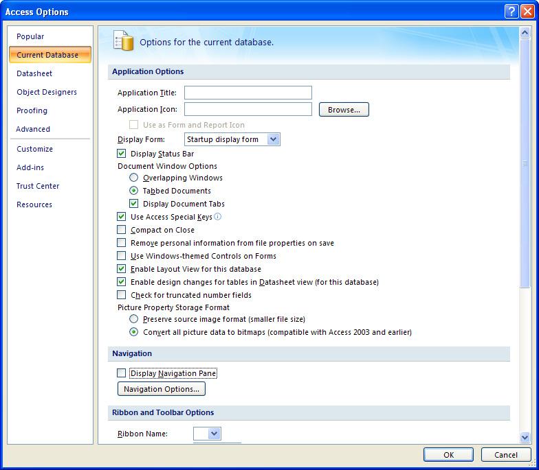 6 16 Access 2007: Advanced To change Access Options: 1 Open a database. 2 Click the Office Button and choose Access Options. 3 Select, clear, or enter options as needed, as shown in Exhibit 6-3.
