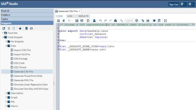 Code Snippets Overview Frequently used code snippets are provided in SAS Studio Quickly insert SAS Code Once inserted,