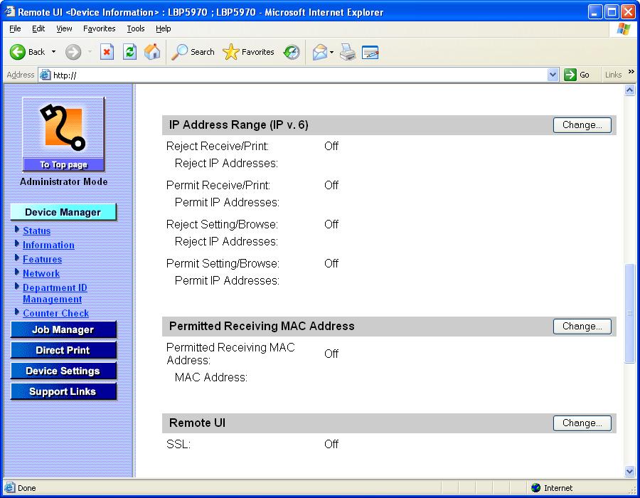 4 Click [Change] on the right of [Receiving Permitted MAC Address]/[Permitted Receiving MAC Address].