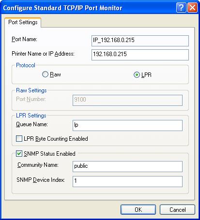 Select [LPR] for [Protocol], enter "lp" in [Queue Name] under [LPR Settings], and then click [OK]. 11 Click [OK]. The installation of the printer driver and the port settings are completed.