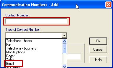 Select the type of contact from the Type of Contact Number drop down list, eg Email or Mobile phone.