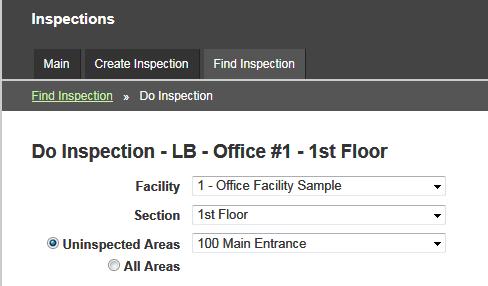 74. The first Area will be ready to inspect. 75. If the Employee showing is incorrect, select a new Employee from the drop down box. 76. Notice that the Uninspected Areas radial button is selected.