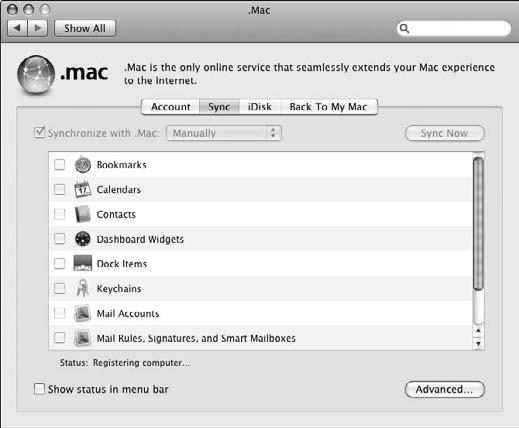 Chapter 9: Using a.mac Account Synchronize Computers through a.mac Account 1. Open System Preferences and then click the.mac icon to open.mac preferences. 2. Enter your.