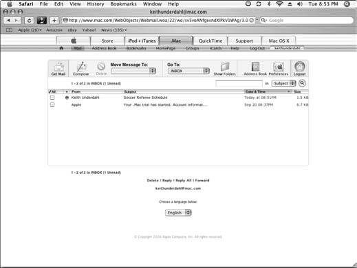 See Chapter 8 for more on using Apple Mail. 2. To download e-mail, click the Get Mail button near the top of the.mac Inbox, as shown in Figure 9-11. 3.
