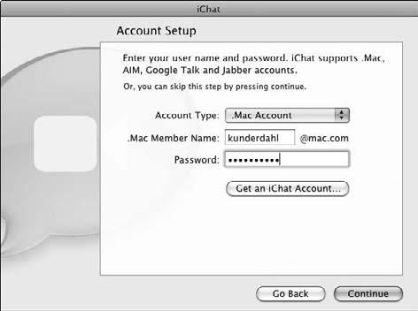 If you use a Jabber chat account, choose ichat Preferences, click the Accounts button, and then click the Add Account button (it looks like a plus sign) in the lower-left corner of the Preferences