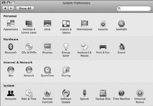 Click a preference icon to open a group of settings. To return to the main System Preferences window, click the Show All button at the top of any individual settings screen.