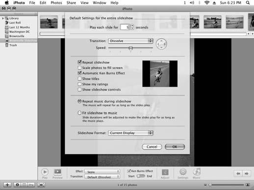 Chapter 15: Viewing, Organizing, and Improving Pictures Create a Slideshow 1. Open iphoto and select a picture roll or album from which you want to base your slideshow. 2.