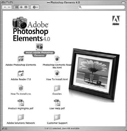 Double-click the Install Adobe Photoshop Elements icon, as shown in Figure 15-11, and follow the instructions onscreen to accept the license agreement and complete installation.