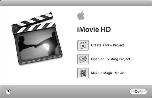 The options include Create a New Project: Choose this to create a new movie from scratch. When you create a new project, provide a name for the new project, as shown in Figure 16-2.