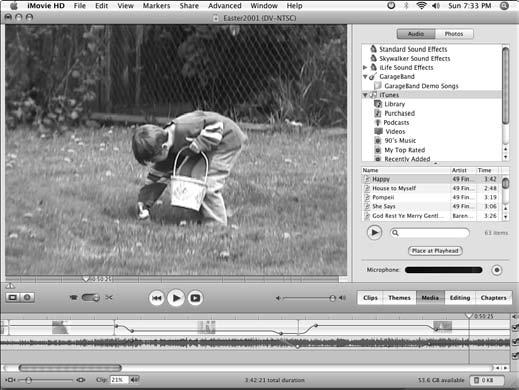 Chapter 16: Making Movies Add a Soundtrack 1. Open an imovie project that s been edited, as described earlier in this chapter.
