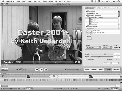 Chapter 16: Making Movies Add Titles to Your Movie 1. Open an imovie project that s been edited, as described earlier in this chapter. 2.