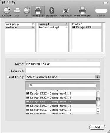 In the Printer Browser that appears, as shown in Figure 18-11, choose Default: Choose this if the printer is connected to a Macintosh running OS X. Select the shared printer and click Add.