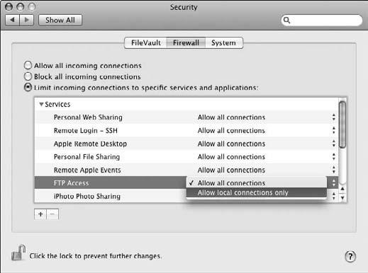 Chapter 20: Networking Safely Protect Your Mac with a Firewall 1. Open System Preferences from the Apple menu and then click the Security icon. 2. Click the Firewall button to bring firewall settings to the front.