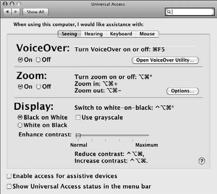To enable VoiceOver a basic screen reader program built-in to OS X select the On radio button below VoiceOver. If you aren t happy with how VoiceOver sounds, click the Open VoiceOver Utility button.