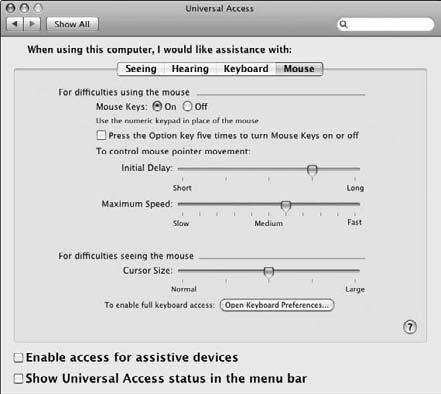 Make OS X Accessible 8. Click the Keyboard button to adjust keyboard options, as shown in Figure 1-15. 9. To enable Sticky Keys, select the On radio button next to Sticky Keys.