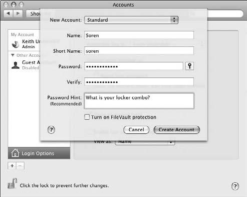 Click the plus sign in the lower-left corner just above the Lock icon of the Accounts window. The new account tab appears, as shown in Figure 2-3. 4. Enter a name and a short name for the account.