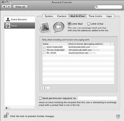 Chapter 2: Creating and Managing User Accounts Set Up Parental Controls 1. Open System Preferences and then click the Parental Controls icon. 2. Click the Lock icon in the lower-left corner of the Parental Controls control panel and enter your administrator password to unlock the settings.