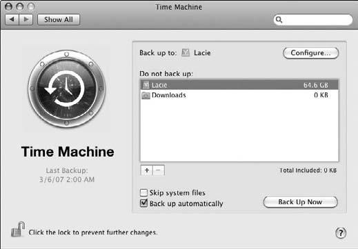 Chapter 3: Managing Files and Folders Back Up Your Computer with Time Machine 1. If you have an external hard drive, connect it to your computer and prepare it for use, as I describe in Chapter 23.