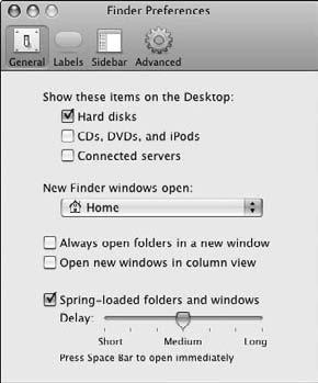Chapter 3: Managing Files and Folders Suppress Desktop Icons for CDs and ipods 1. Open a Finder window (or click an empty area of the Desktop) and choose Finder Preferences. 2.