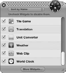 In the Apple Web site that appears, as shown in Figure 7-18, browse the extensive list of available widgets. Figure 7-17: Click More Widgets to see what s available.