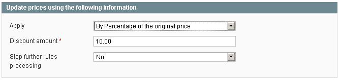 The following defines that the price is discounted by 10%. To define Catalog Price Rule Actions: 1. Select the Actions option in the panel on the left to display the page shown in Figure 195.