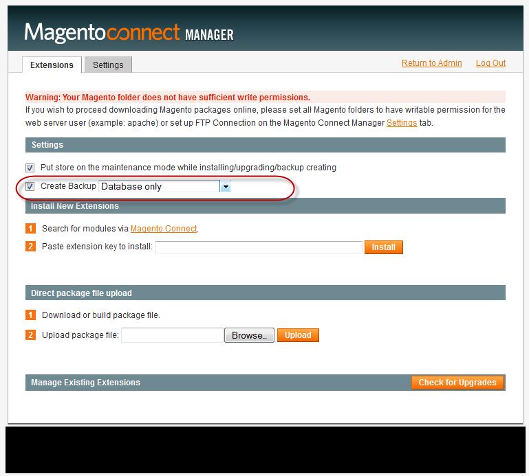 Keeping Your Store Healthy Figure 251. Manager Selecting to create a backup in Magento Connect 16.