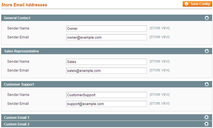 Basic Configuration To define web store email addresses: 1. In the Admin panel, select System > Configuration > GENERAL >Store Email Address.