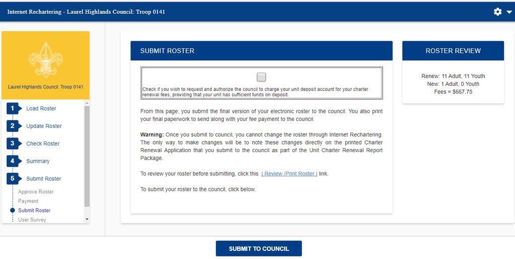 If you are paying by cash you have the option of checking this box. Before submitting you roster.