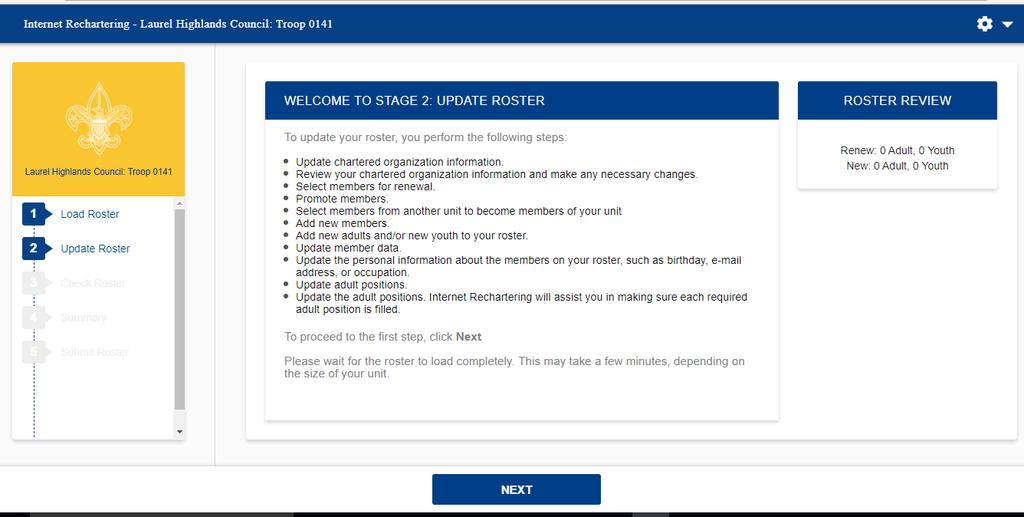 Stage 2 is where you will update the information on your roster. There are several steps to updating the roster.