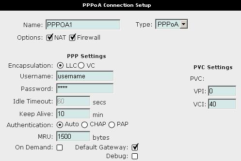 configuration. Give your PPPoA connection a unique name; the name must not have spaces and cannot begin with numbers. In this case the unique name is called PPPOA1.