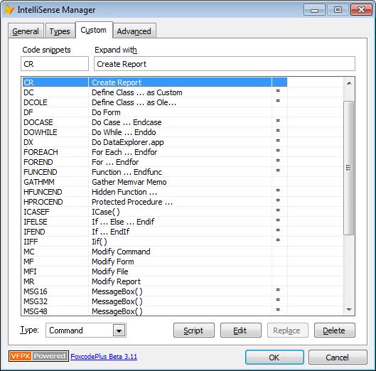 20- Code snippets As in Visual Studio, the native and custom Code Snippets are included in the IntelliSense. For that, the Show code snippets option should be marked in the IntelliSense Manager.