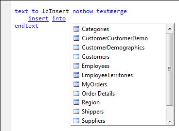 INSERT After the clause INTO a list of tables from the current database is shown (non-incremental mode)