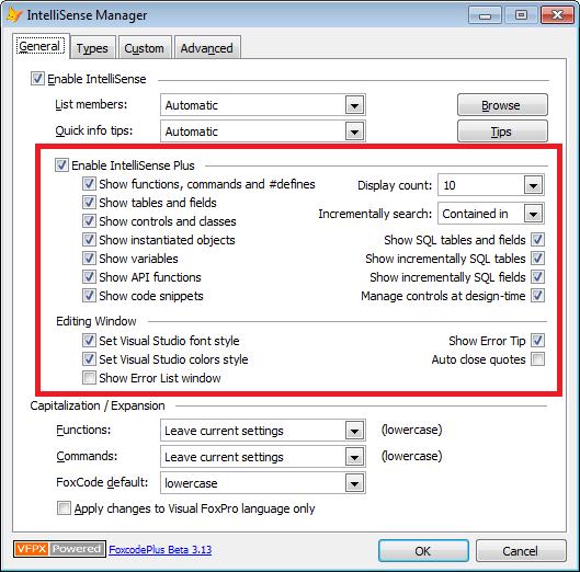 6) Make the settings as below. The IntelliSense Manager now includes some new options as outlined below in red.