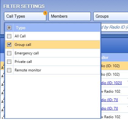 Filter Members Description Click to select the radios whose incoming and outgoing voice calls you need to find. No selected items in the menu means Find all.