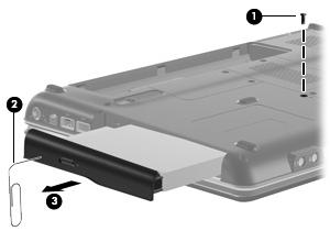 4. Use the media tray frame to remove the optical drive (3). 5.