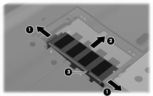4. Spread the retaining tabs (1) on each side of the memory module slot to release the memory module. (The edge of the module opposite the slot rises away from the computer.) 5.